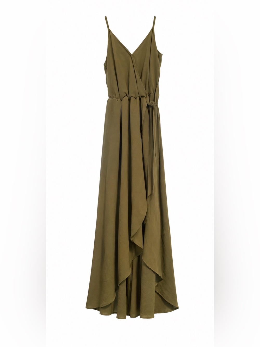 Olive Green Asymmetrical Wrap Maxi Dress with Spaghetti Straps